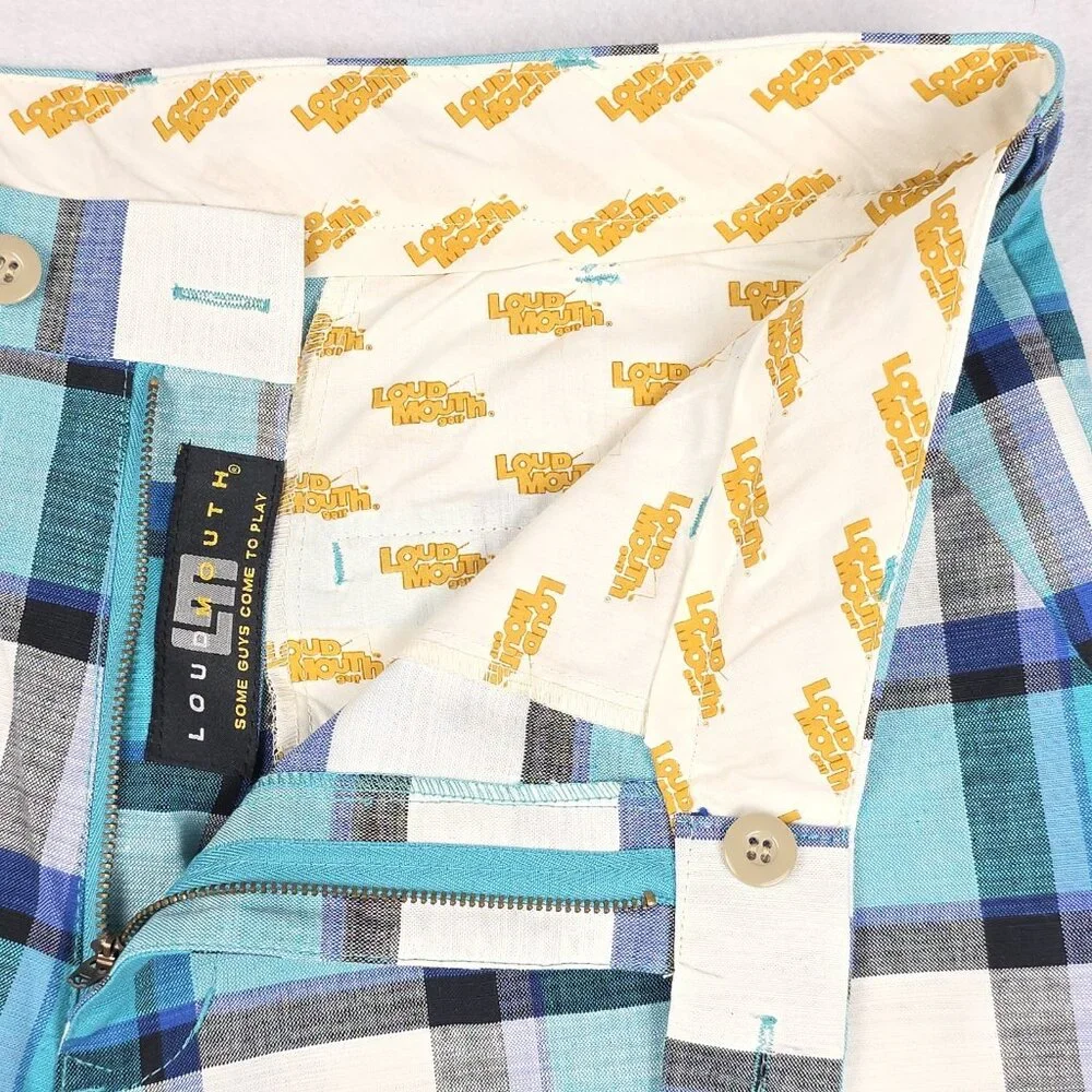 Loudmouth Men's Golf Shorts Sz 34 Plaid Blue Teal‎ Black 100% Cotton Preppy Bold